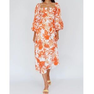 Mika & Gala Tropical Floral Puff Sleeve Resort Wear Halter Midi Dress Orange XS